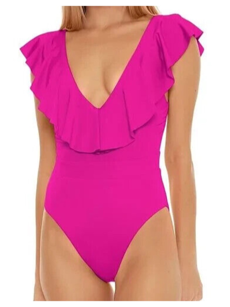 Trina Turk Breeze Monaco Ruffle Plunge 1 Piece Swimsuit In Rose Pink Size 4